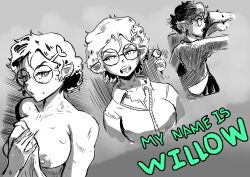 1girls breasts curly_hair disney disney_channel ear_piercing ecchipoo female female_only glasses looking_at_viewer monochrome nipples open_mouth piercing pointy_ears solo straight_hair teeth the_owl_house willow_park witch