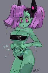 alex_ahad breasts cleavage frauleinstein green_skin gris_swimsuit large_breasts patchwork_skin purple_eyes purple_hair swimsuit twintails wet zombie zombie_girl