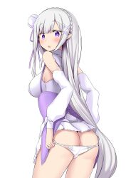 10s 1girls :o ass clothed dressing elf elf_ears elf_female elf_girl emilia_(re:zero) flower_in_hair hair_ornament hair_ribbon hairclip long_hair minato_yoshihiro miniskirt pointy_ears purple_eyes putting_on_panties re:zero_kara_hajimeru_isekai_seikatsu silver_hair solo solo_female teenage_girl teenager white_background