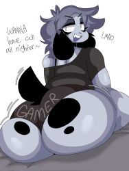 ambiguous_gender anthro ass ass_focus back_view big_ass big_butt booty_shorts bubble_ass bubble_butt clothed clothing controller dialogue dork_boi dorky_(lewd_dorky) dressed english_text fur furry furry_only game huge_ass lewd_dorky looking_at_viewer looking_back rule_63 shorts simple_background tagme tail text thick_thighs