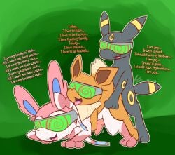 2017 anal_threesome animal_genitalia animal_penis black_body blue_inner_ear bow brother brothers brown_inner_ear canine_penis doggy_style eevee eeveelution feral feral_on_feral from_behind_position furry genitals gloves_(marking) green_background group group_sex happy happy_sex incest knot leg_markings looking_pleasured male male/male male_on_bottom male_on_top male_penetrated male_penetrating male_penetrating_male markings mind_control nintendo on_bottom on_top open_smile orientation_play penetration penis pink_body pink_tongue pokémon_(species) pokemon questionable_consent ribbons sex sibling simple_background smile socks_(marking) stated_homosexuality stated_sexuality sylveon tan_body text tongue tongue_out train_position trio ultilix umbreon video_games visor white_body yaoi yellow_markings