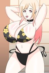 armpits bikini black breasts exposed_breasts female female_focus female_only female_protagonist flower_pattern gyaru hips huge_breasts indoors kitagawa_marin long_hair shiny_oppai shinyoppai sono_bisque_doll_wa_koi_wo_suru suggestive_gesture suggestive_look wide_hips