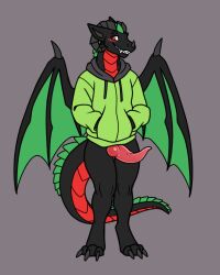 absurd_res anthro black_body bottomless clothed clothing dragon erection genitals green_clothing green_hoodie green_topwear hands_in_both_pockets hi_res hoodie horn knot male penis red_eyes scalie sharkiedude solo tapering_penis topwear wings