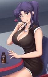 1girls big_breasts blush busty cleavage clothing collar dress drink earrings female female_focus female_only heart large_breasts legs looking_at_viewer misato_katsuragi neon_genesis_evangelion pov purple_eyes purple_hair seductive_smile sitting smile solo solo_female thighs zaskart