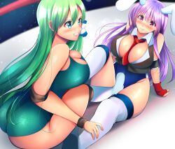 2girls alternate_costume animal_ears between_breasts black_vest blue_leotard boots breasts bunny_ears cleavage clenched_teeth crotch_rub elbow_pads eyebrows_visible_through_hair fingerless_gloves gloves green_leotard hair_between_eyes kicking knee_pads large_breasts leotard light_purple_hair long_hair lying multiple_girls necktie niwatori_(eck16614) pain purple_hair rabbit_ears rabbit_girl red_eyes red_necktie reisen_udongein_inaba sanae_kochiya sweatdrop teeth thigh_boots thighhighs touhou touhou_tag_dream vest white_footwear wrestling wrestling_outfit wrestling_ring