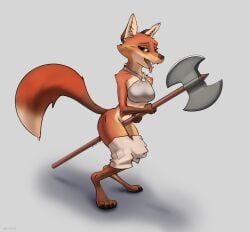 4_toes 5_fingers anthro axe barefoot battle_axe black_nose breasts canid canine digitigrade fangs feet female fingers fluffy fluffy_tail fox fur green_eyes grey_background grinding hi_res holding_object holding_weapon looking_at_viewer mammal masturbating_with_weapon masturbation melee_weapon orange_body orange_fur schmutzo shadow simple_background solo teeth toes tongue tongue_out weapon