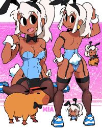 1girls ass big_ass big_breasts black_bowtie black_hat black_headwear bowtie bunny_girl bunny_tail bunnysuit butt capybara cleavage dark-skinned_female english_text female hat headband headwear leotard mia_(scott_malin) ponytail scott_malin sneakers stockings text top_hat tophat white_hair wide_hips