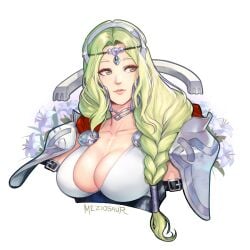 1girls armor blonde_hair braid braided_ponytail breasts cape cleavage female female female_only fire_emblem fire_emblem_heroes flower large_breasts lips looking_to_the_side meziosaur nintendo nott_(fire_emblem) pink_lips red_cape shoulder_armor solo tiara upper_body