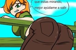 adaptation_of_the_original alex_(minecraft) artist_request ass breasts clothed clothing dialogue female female_only fence green_eyes looking_at_viewer looking_back minecraft mojang orange_hair silpaeja spanish_text speech_bubble steve_you_gotta_help_me_i'm_stuck stuck tears text