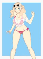 ann_takamaki big_ass big_breasts bikini blonde_hair blue_eyes breasts cleavage eyewear_on_head large_breasts nahone_peko persona persona_5 sunglasses sunglasses_on_head swimsuit teenager thick_thighs thin_waist tongue twintails white_shirt wide_hips