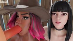 2girls 3d animated blender blowjob calamity_(fortnite) charlotte_(fortnite) choker cowboy_hat dark-skinned_female dark_skin fortnite fortnite:_battle_royale interracial juggernut_(artist) looking_at_partner looking_straight no_sound nude nude_female nude_females tagme video waiting waiting_for_turn watching watching_sex