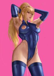 armpit_hair armpits edit edited female gloves hairy_armpits hairy_pussy large_breasts leotard meister_staze metroid nintendo nipple_cutout nipples pussy_cutout samus_aran solo_female thighhighs third-party_edit tomboy