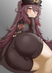 1girls ass ass_focus big_ass blush brown_hair bubble_ass clothing female flower_shaped_pupils genshin_impact hat hu_tao_(genshin_impact) huge_ass presenting_ass rebelium_(artist) red_eyes short_shorts shorts solo