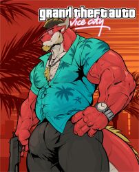 2022 absurd_res aloha_shirt anthro barazoku beard biceps big_bulge big_muscles body_hair bottomwear building bulge chest_hair city clock clothed clothing cosplay dragon english_text erection erection_under_clothing eyebrows eyewear facial_hair glasses grand_theft_auto grand_theft_auto:_vice_city gun hair handgun hi_res holding_gun holding_object holding_weapon horn huge_bulge huge_muscles jewelry male male_only muscular muscular_anthro muscular_male necklace nightterror outside palm_tree pants pattern_clothing pattern_shirt pattern_topwear pecs pistol plant ranged_weapon red_background rockstar_games scalie shirt simple_background solo standing text tommy_vercetti topwear tree vein veiny_muscles video_games watch weapon