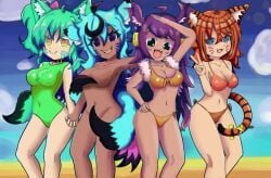 2_tails 4girls :3 beach bird_ears bird_girl bird_tail black_eyes blue_eyes blue_hair breasts fox_ears fox_girl fox_tail headphones long_hair mint_hair multi_tail multiple_girls naked orange_hair original original_characters purple_eyes purple_hair rui_r1 side_ponytail smile swimsuit tail tiger_ears tiger_girl tiger_tail yellow_eyes