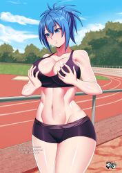 1girls 2022 big_breasts blue_eyes blue_hair blush bra breasts cleavage clothing female female_only fit fit_female genderswap genderswap_(mtf) groping_self huge_breasts jadenkaiba kampfer large_breasts outside rule_63 senou_natsuru shorts sports_bra sportswear thick_thighs toned toned_female wide_hips