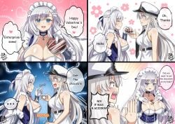 2022 2girls 4koma :o absurd_res accidental_circumstance accidental_yuri artist_name azur_lane bare_arms bare_shoulders belfast_(azur_lane) between_breasts blue_eyes blush bouncing_breasts braid breast_suppress broken_chain chains chocolate_heart chocolate_on_breasts cleavage clothed clothing collar comic dialogue electricity english_text enterprise_(azur_lane) eyebrows_visible_through_hair female female_only female_pov floral_background flower food_between_breasts french_braid gift gloves hands_on_chest hat heart heart-shaped_chocolate heart_background highres humor long_hair looking_at_another looking_at_breasts looking_at_viewer looking_down maroonabyss melting military_hat multiple_girls necktie open_mouth peaked_cap pov purple_eyes seductive sexually_suggestive shirt side_view sideboob signature silver_hair sleeveless sleeveless_shirt smile sound_effects spoken_heart text tied_hair tongue valentine's_day very_long_hair wavy_mouth white_gloves yuri