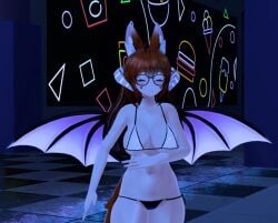 1girls 3d animal_ears arm_under_breasts bikini bikini_bottom bikini_top breasts cameltoe cleavage closed_eyes eyebrows_visible_through_hair fox_ears fox_girl fox_tail ginger_hair glasses glubbable heart horns huge_breasts large_breasts light-skinned_female light_skin skimpy skimpy_bikini succubus virtual_youtuber vrchat vrchat_avatar wings