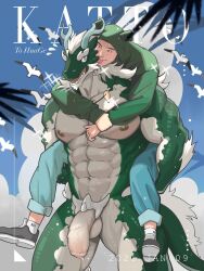 2021 abs anthro arms_around_neck asian_mythology balls beard bodily_fluids carrying clothing dragon duo east_asian_mythology eastern_dragon facial_hair fangs gay genital_fluids genitals green_body hair hi_res holding_partner hoodie horn human human_on_anthro interspecies katto8452 larger_anthro lin.katto long_hair male male/male mammal multicolored_body muscular muscular_anthro muscular_male mythology navel nipples nude open_mouth pecs penis piggyback precum signature size_difference smaller_human tongue tongue_out topwear white_body white_hair