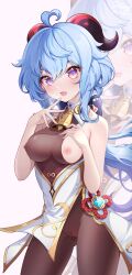 absurdres ahoge ass_visible_through_thighs bangs bare_arms bell black_legwear blue_hair blush bodystocking bodysuit bow breasts cameltoe chinese_knot cleft_of_venus clothes_pull covered_nipples crotch female flower_knot ganyu_(genshin_impact) genshin_impact gold_trim hahany hand_on_own_chest heart heart-shaped_pupils highres horns long_hair looking_at_viewer low_ponytail medium_breasts neck_bell nipples no_gloves one_breast_out pantyhose pelvic_curtain purple_eyes saliva sideboob sidelocks sleeveless solo standing symbol-shaped_pupils thigh_gap thighlet thighs tongue vision_(genshin_impact)