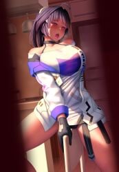 :o ahe_gao ahoge akano_murasaki bangs bare_shoulders belt black_gloves black_panties blunt_bangs blush breasts chair choker collarbone crotch_rub eyebrows_visible_through_hair female female_ejaculation female_ejaculation_through_clothing female_masturbation female_orgasm gloves hair_intakes hair_ornament halterneck heart heart-shaped_pupils highres honkai_(series) honkai_impact_3rd jacket kitchen large_breasts masturbation masturbation_through_clothing medium_hair no_pants off-shoulder_shirt off_shoulder open_mouth orgasm panties peeping purple_eyes purple_hair pussy_juice raiden_mei raiden_mei_(striker_fulminata) saliva shirt solo sweatdrop symbol-shaped_pupils table_humping thighs underwear white_jacket white_shirt