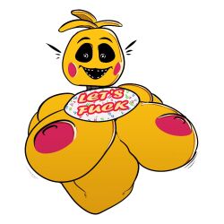 2022 animatronic anthro areola avian beakless behemaid bib big_breasts bird blush blush_stickers breasts chicken digital_media_(artwork) english_text female five_nights_at_freddy's five_nights_at_freddy's_2 galliform gallus_(genus) huge_breasts looking_at_viewer machine nipples non-mammal_breasts open_mouth phasianid pink_nipples robot scottgames solo text toy_chica_(fnaf) video_games yeehawt0wn yellow_body