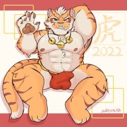 2022 abs anthro blue_eyes bulge chinese_zodiac claws clothing felid fur furry furry_only genital_outline hand_behind_head jewelry lin_hu looking_at_viewer male male_only mammal multicolored_body muscular muscular_male necklace nekojishi nipples orange_body orange_fur pantherine pawpads penis_outline sharp_teeth sinsxie smile solo spread_legs spreading stripes studio_klondike tail teeth tiger two_tone_body underwear video_games visual_novel watermark year_of_the_tiger