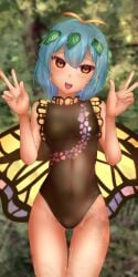 antennae aqua_hair bad_anatomy bad_hands black_leotard blush bukkake butterfly_wings cowboy_shot cum empty_eyes eternity_larva fairy female groin hair_between_eyes highres leaf leaf_on_head leotard open_mouth orange_eyes short_hair shounen_(hogehoge) smile solo touhou wings