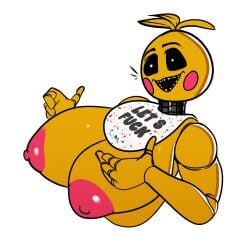 2022 animatronic anthro areola avian beakless behemaid bib big_areola big_breasts bird blush blush_stickers breasts chicken digital_media_(artwork) english_text female five_nights_at_freddy's five_nights_at_freddy's_2 galliform gallus_(genus) huge_breasts machine nipples non-mammal_breasts open_mouth phasianid pink_nipples robot scottgames solo text toy_chica_(fnaf) video_games white_background yeehawt0wn yellow_body