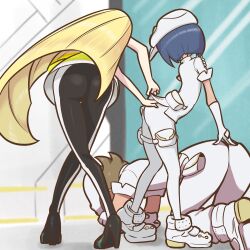 1boy 2girls aether_foundation aether_foundation_employee aether_foundation_employee_(female) aether_foundation_employee_(male) ass back_view big_ass blonde_hair female female_aether_foundation_employee human human_only long_hair lusamine_(pokemon) microsd_(artist) nintendo pokemon pokemon_sm