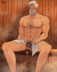 1boy arima_(arima_bn) arima_bn balls bara drayden facial_hair flaccid hairy male male_only muscles muscular musk penis pokemon sauna solo steam sweaty white_hair