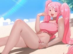 1girls beach big_breasts bikini bikini_bottom bikini_top blush breasts brown_skin female female_only legs omori pink_eyes pink_hair ryusei_hashida smug sweetheart_(omori) twintails