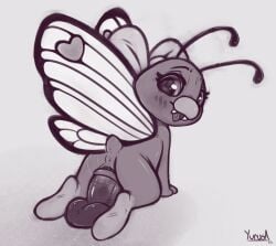 2022 all_fours antennae_(anatomy) anthro anus arthropod blush bodily_fluids bow_on_head butterfree buttershe cute_fangs dildo dildo_sitting female genital_fluids genitals grey_background insect_wings looking_at_viewer looking_back nintendo open_mouth penetration pokémon_(species) pokemon pokemon_rgby pussy pussy_juice sex_toy signature simple_background solo vaginal_penetration video_games wings yurusa