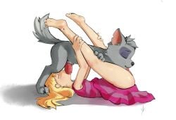 69_position blonde_hair canid canine canis closed_eyes clothing domestic_dog dress duo female feral flat_chest fur grey_body grey_fur hair human katie_(paw_patrol) legs_in_air licking male male/female mammal mixed_breed oral oral_penetration paw_patrol penetration rocky_(paw_patrol) sex tongue tongue_out vickyvoo young zoophilia