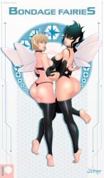 2girls amber_eyes antennae ass blonde_hair blue_eyes bondage_fairies bubble_butt dante-grapes fairy fairy_wings green_hair large_breasts pamila pfil rear_view