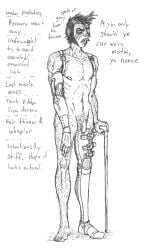 body_hair comictf english_text eye_patch eyewear genitals human looking_at_viewer male mammal monochrome navel nipples nude penis prosthetic prosthetic_arm prosthetic_leg prosthetic_limb solo text