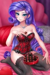 1girls bare_shoulders biting_lip blue_eyes box_of_chocolates breasts busty chocolate cleavage corset equestria_girls female female_only friendship_is_magic hasbro holidays humanized kneeling lingerie lip_bite lip_biting looking_at_viewer my_little_pony non-nude purple_hair racoonkun rarity_(eg) rarity_(mlp) red red_lingerie sfw smooth_skin solo solo_female stockings strapless valentine's_day