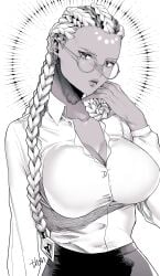 african african_female alternate_costume braided_hair braids breasts cleavage dark-skinned_female dark_skin dolores_(kof) female forehead glasses king_of_fighters king_of_fighters_xv large_breasts long_hair monochrome office_lady partially_unbuttoned shirt tehutehusan