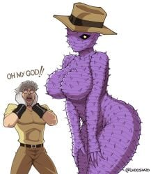 1boy 1girls big_breasts breasts english english_text female hat heart-shaped_pupils hermit_purple humanization humanoid jojo's_bizarre_adventure joseph_joestar large_breasts luckyshazo male old_joseph old_man rule_63 screaming shocked shocked_expression shounen_jump spikes stand_(jjba) stardust_crusaders