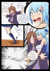 accidental_circumstance angry aqua_(konosuba) blue_hair brown_hair comic dialogue first_page greasetrap kono_subarashii_sekai_ni_shukufuku_wo! onomatopoeia page_1 speech_bubble spell spell_backfire text trip wiz_(konosuba)