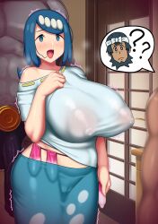 1boy 1girls after_sex areolae areolae_visible_through_clothing big_nipples blue_hair blush breasts cameltoe caught_in_the_act cheating_wife clothed clothing condom condom_belt ebifurai filled_condom gigantic_breasts huge_areolae huge_breasts lana's_father_(pokemon) lana's_mother_(pokemon) lipstick lipstick_mark machamp mob_face nipples_visible_through_clothing no_panties pokemon pokemon_(species) pokemon_sm skimpy used_condom voluptuous