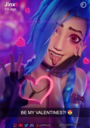 3d blue_hair female forceballfx heart instagram jinx_(league_of_legends) league_of_legends looking_at_viewer nail_polish tongue tongue_out valentine's_day