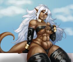 1girls 2010s abs alternate_version_available android_21 arm_behind_back arm_length_gloves arm_sleeves arm_support ass big_ass big_breasts big_lips bikini black_legwear breasts busty clouds dark-skinned_female dark_persona dark_skin dragon_ball dragon_ball_fighterz female female_focus female_only hollowfiedowl hourglass_figure humanoid long_hair majin majin_android_21 monster_girl pointy_ears red_eyes straight_hair tail thick_thighs white_hair wide_hips