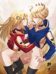 2futas age_difference ahoge artoria_pendragon balls blonde_hair blush bottomless breasts choker clothed clothing daughter duo edit fate_(series) flaccid futa_on_futa futa_only futanari horny human incest light-skinned_futanari light_skin littlemedecine long_hair mordred_(fate) mostly_nude mother mother_and_daughter pale_skin parent parent_and_child partially_clothed penis penis_size_difference pout standing thighhighs tonee