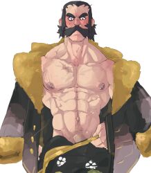 1boy balls bara clothed facial_hair gay hairy kamado_(pokemon) male male_only muscles muscular nipple_piercing nipples penis penis_peek pokemon pokemon_legends:_arceus removing_clothing scullvi solo solo_male