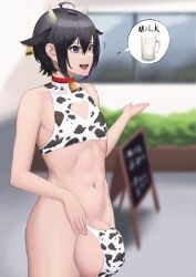 1boy animal_ears balls bikini black_hair clothed clothing cow_boy cow_ears cow_print cum_in_cup femboy girly huge_balls huge_testicles humanoid humanoid_penis hung_trap kemonomimi light_skin male male_only misago_(artist) mostly_nude penis public public_exposure short_hair solo standing thong