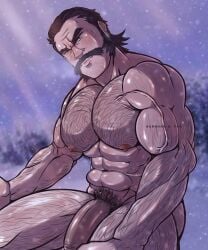 1boy arkhandvan balls bara facial_hair flaccid gay hairy kamado_(pokemon) male male_focus male_only muscles muscular nude penis pokemon pokemon_legends:_arceus solo solo_male