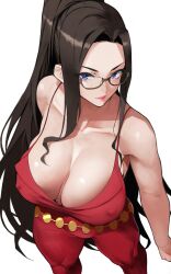 1girls black_hair blue_eyes breasts cleavage clothed covered_nipples dragonaut female forehead from_above glasses huge_breasts kitajima_yuuri pants ponytail red_pants sagging_breasts solo spaghetti_strap tank_top under-rim_eyewear yoshi55level yoshio_(55level)