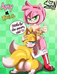 1boy 1futa absurd_res amy_rose anthro back back_view canid canine english_text femboy feminine_tails fox futa_is_bigger futa_on_male futanari genitals gynomorph gynomorph/male hi_res intersex intersex/male looking_back male mammal penis rule_63 saurian_(artist) sega sitting sonic_(series) sonic_the_hedgehog_(series) tails text thick_thighs