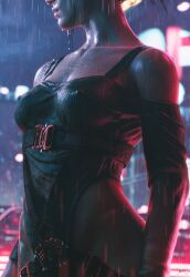 1girls 3d athletic breasts cd_projekt_red close-up cyberpunk_2077 dark-skinned_female dark_hair erect_nipples erect_nipples_under_clothes female female_only fit human leotard panam_palmer raining sixplusone solo solo_female wet wet_clothes wet_hair wet_skin